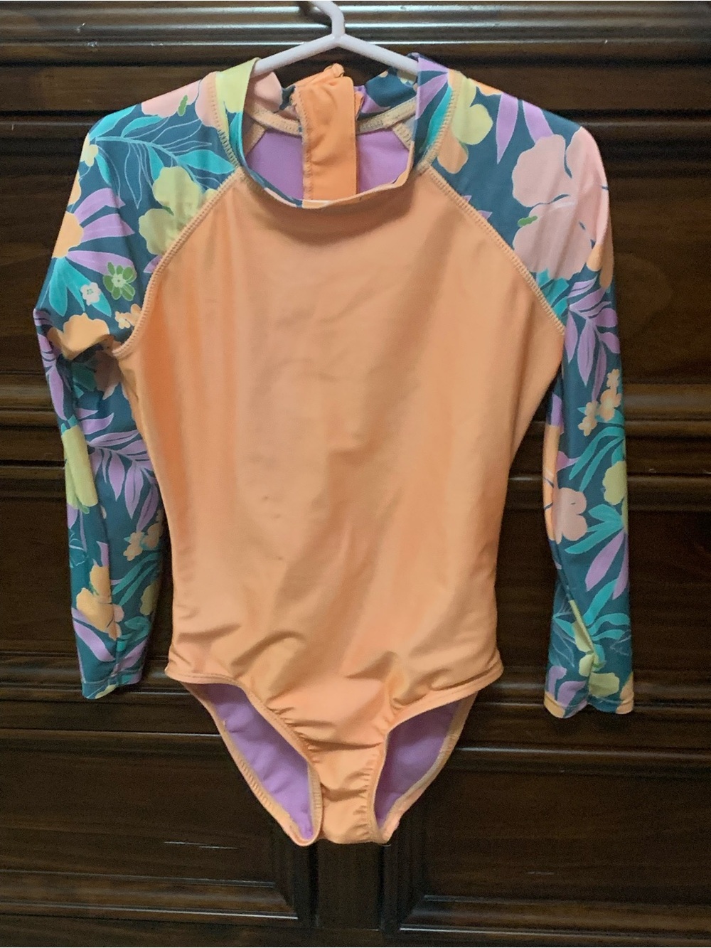 Kids Long-Sleeve Peach Floral Rash Guard One-Piece Swimsuit